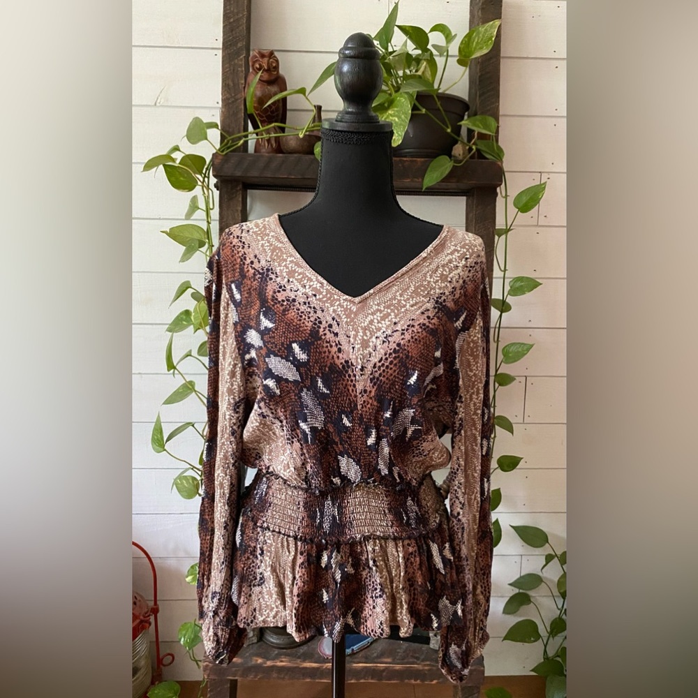 Angie: Brown, Black, Tan and White 100% Rayon Boho Snakeskin Blouse - Picture 9 of 17
